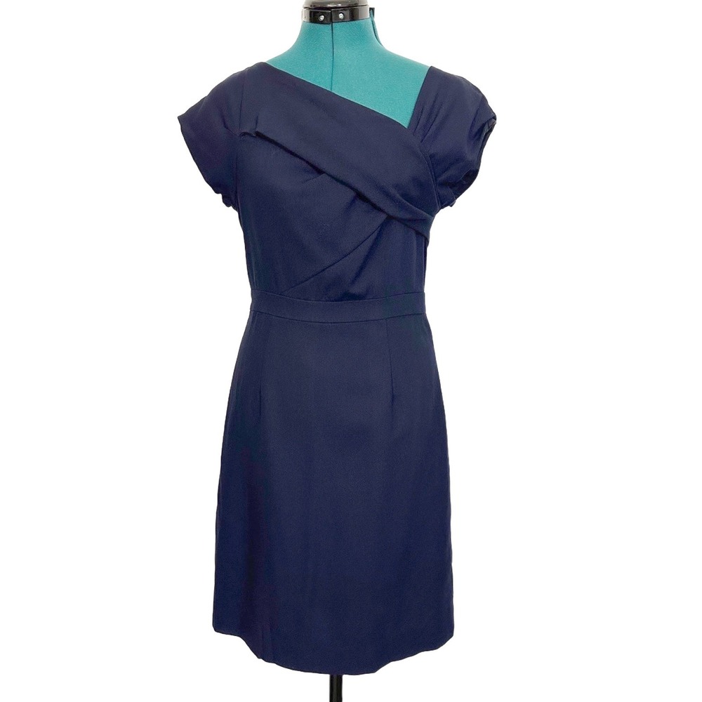 J.Crew Dress Wool Asymmetric Draped Sheath 4 Navy Blue Professional Classic